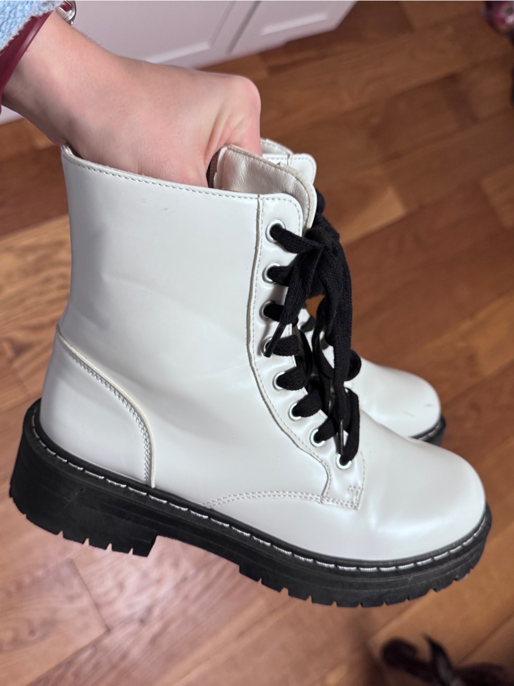 White Lace-Up Combat Boots with Black Laces